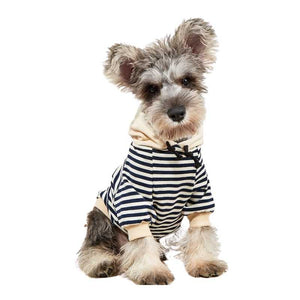 This classic Striped Sailor Dog Hoodie from our Spring/Summer collection features navy stripes and a cream drawstring hood.