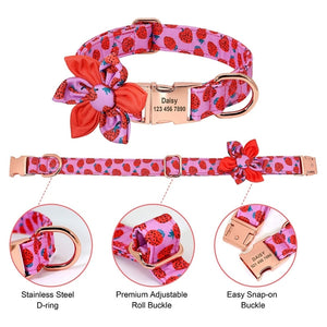 Strawberry Harness sets include free personalization on the collar  and come with a stainless steel D-ring and easy snap-on buckle.