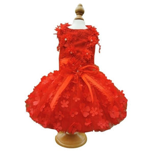 This Designer Red Floral Lace Embroidered Dog Party Dress is exquisitely crafted with the finest details, including three-dimensional flowers, beading and a tulle skirt. 