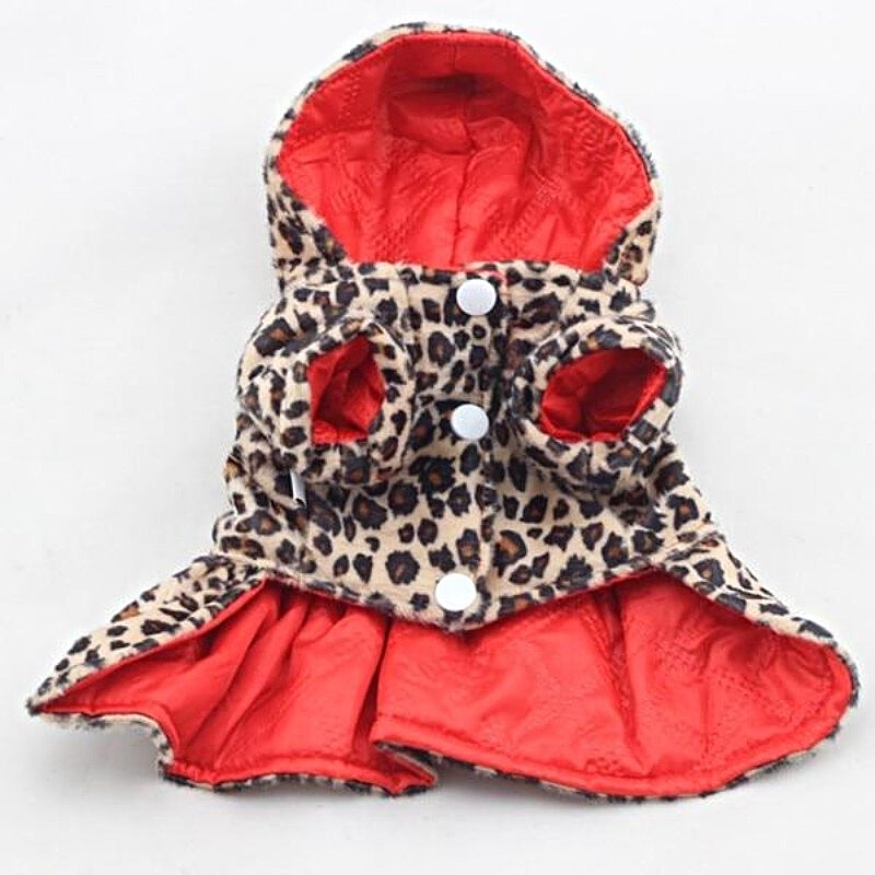Your dog diva will look simply darling in this Reversible Red Leopard Hooded Dog Coat.