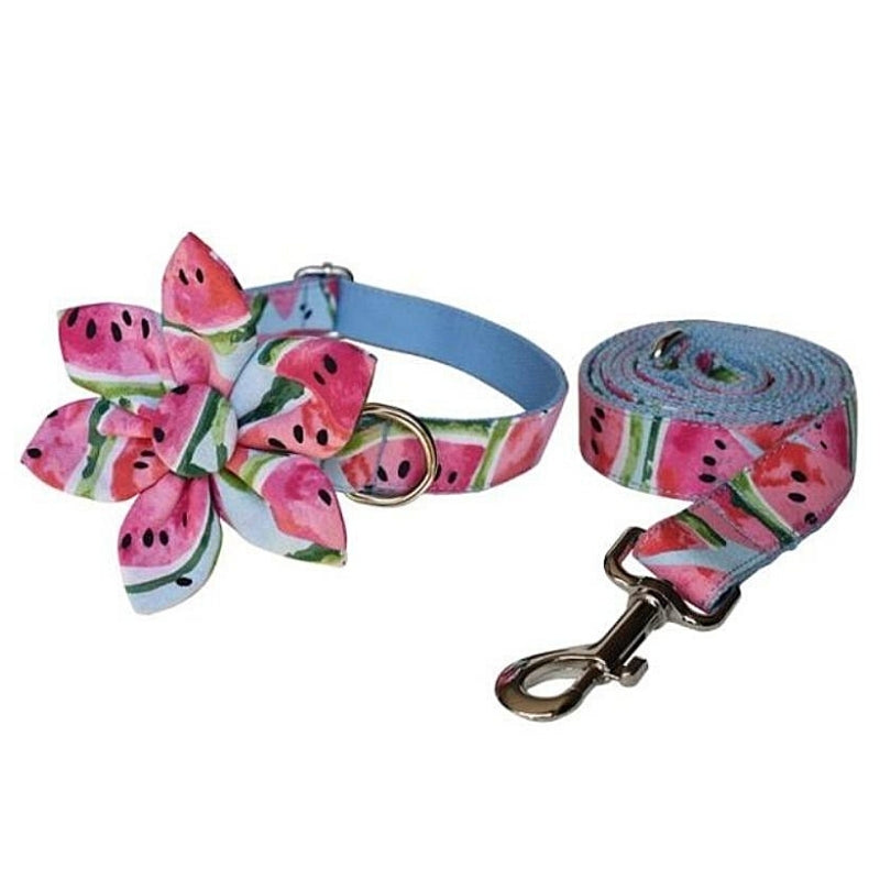 Perfect for summer outings, this juicy Watermelon Flower matching set includes a Personalized Dog Collar, Leash & gorgeous handsewn Flower slider. 