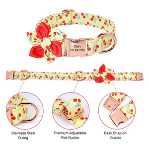 Designed by Pet Artist, this stylish no-pull Cherries harness set  comes with collar featuring a stainless steel D-ring, adjustable roll buckle and easy snap-on buckle.