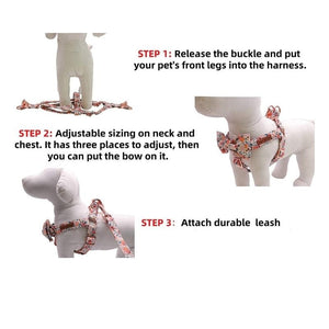Dog step into this harness, which can be adjusted at the neck and chest. Leash is attached to the stainless steel D-ring.