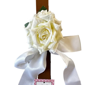 Perfect for weddings, this gorgeous creamy white rose on a tan leather collar has a creamy white satin bow.