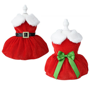 Perfect for holiday parties, these precious red velvet Santa Christmas Dog Party Dresses feature a fluffy white scallop collar.