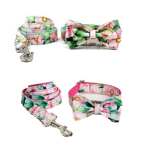 Our popular Summer Floral Blooms Bow Tie Dog Collar & Leash Sets come in pink or green.