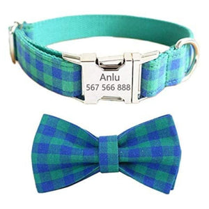 Blue & Green Plaid Bow Tie Dog Collar & Leash | Personalized Free