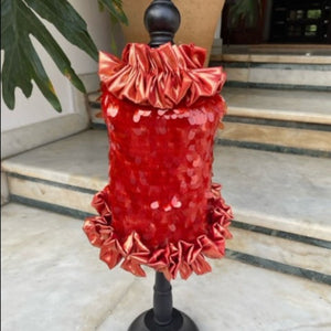 This couture Cayenne dog party dress in burn orange is custom made to fit your dog.