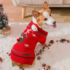 Red Rudolph Reindeer Christmas Dog Sweater fits small and medium dogs.