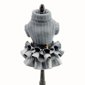 This Chic Turtleneck Sweater Dog Dress in gray has a matching belt.