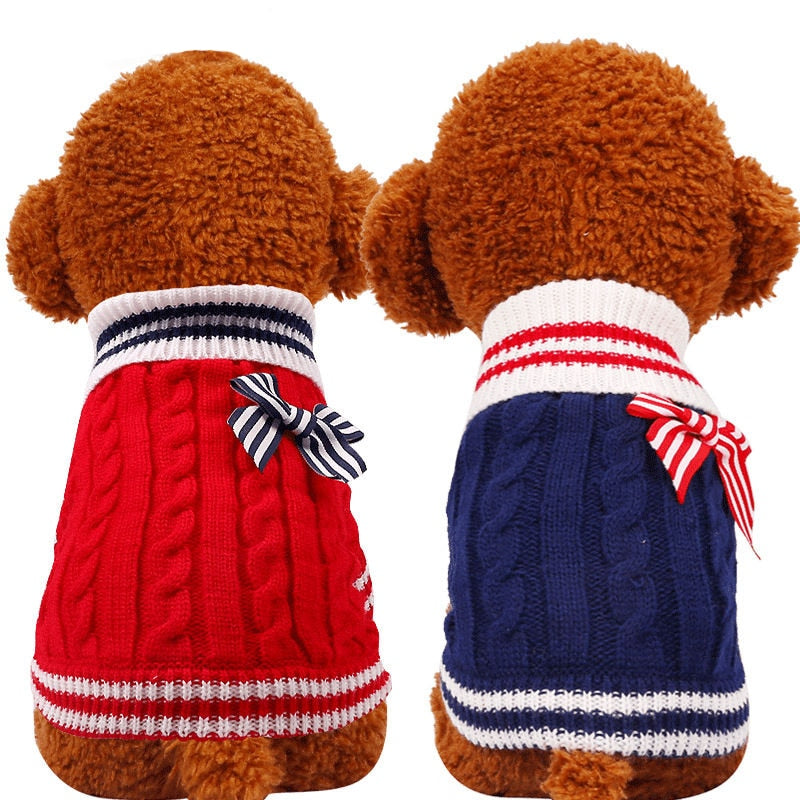 This classy Red, White & Blue Cable Knit Dog Sweater is bound to brighten things up on gray cool autumn/winter days.