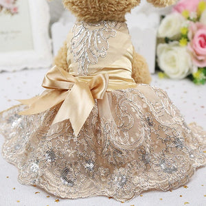 Champagne Lace Embroidered Dog Party Dress  is designed for small and medium dogs and is perfect for weddings, anniversaries, photoshoots and formal affairs.