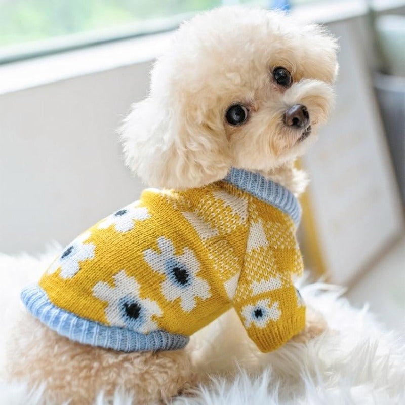 A sweet addition to any pup's autumn/winter wardrobe, this handmade Floral Dog Sweater is available in 2 colors for small dogs.