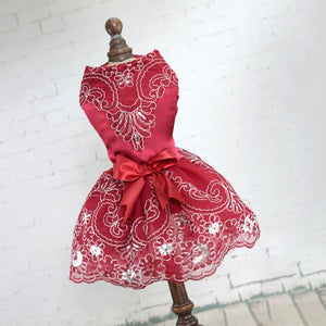 Red Lace Embroidered Party Dress is delicately crafted with exquisite floral lace embroidery and sequins