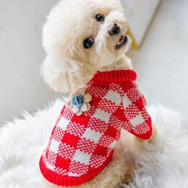A sweet addition to any pup's autumn/winter wardrobe, this handmade Floral Dog Sweater is available in 2 colors for small dogs.