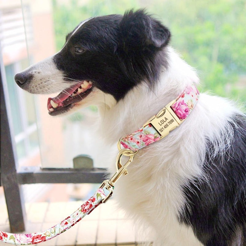 Floral Dog Collar & Leash Set With Matching Poop Bag Case | Personalized Free