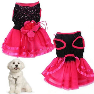 Hot Pink & Black Flamenco Dog Dress fits overhead for easy on/off and has an elastic underbelly waistband for perfect fit.