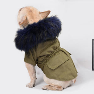 This Luxurious Faux Fur Hooded Dog Jacket in in olive green is darling on small and medium dogs.