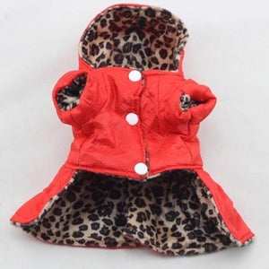 Red on one side and leopard on the other, this Reversible Hooded Dog Coat is adorable on small and medium breeds.