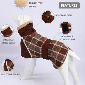Plaid Hunting Lodge Dog Coat features a thick fleece lining, windproof stand up collar, reflective stripe, adjustable belt and a hole for the leash.