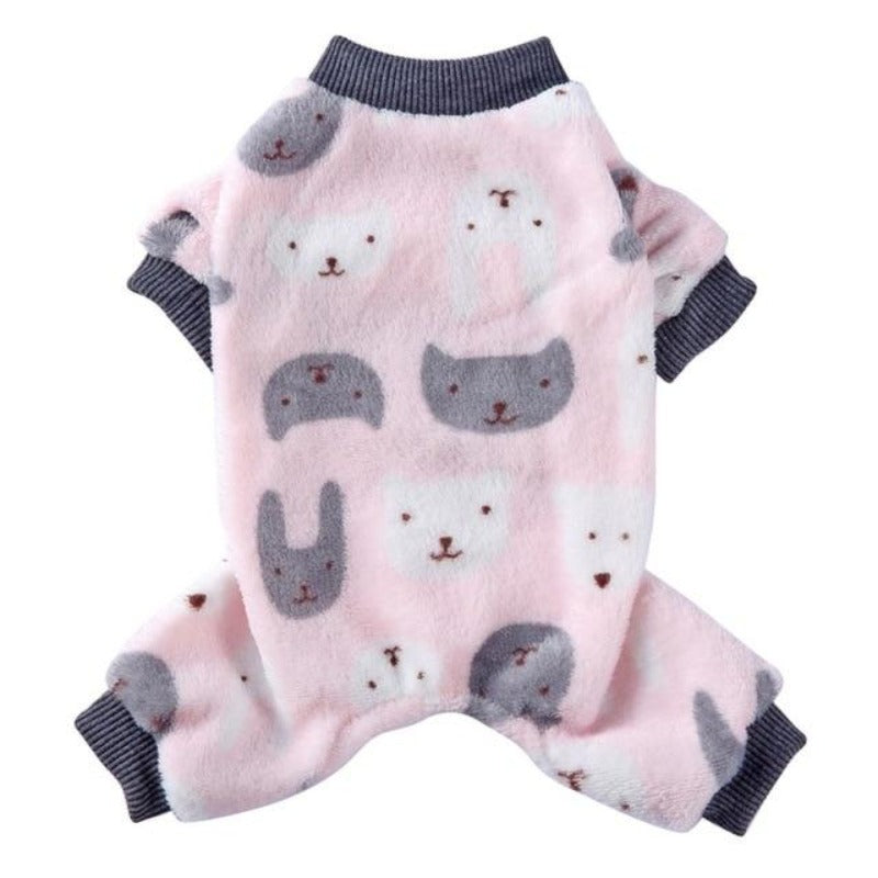 These pink Cat's Meow Onesie dog pajamas are cozy and warm.