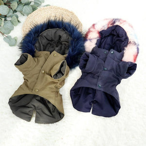Our chic faux fur hooded dog jacket feature 3-button snaps on the underside for easy on/off.