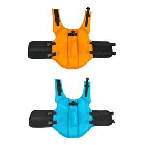 Shark dog life jackets come in two colors, orange and blue.