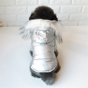 Metallic Silver/Gold Faux Fur Hooded Dog Coat