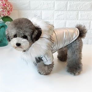 Metallic Silver Faux Fur Hooded Dog Coat is waterproof and designed for small dogs.