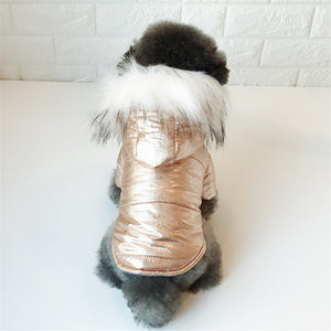  Metallic Gold Faux Fur Hooded Dog Coat  has a detachable hood.