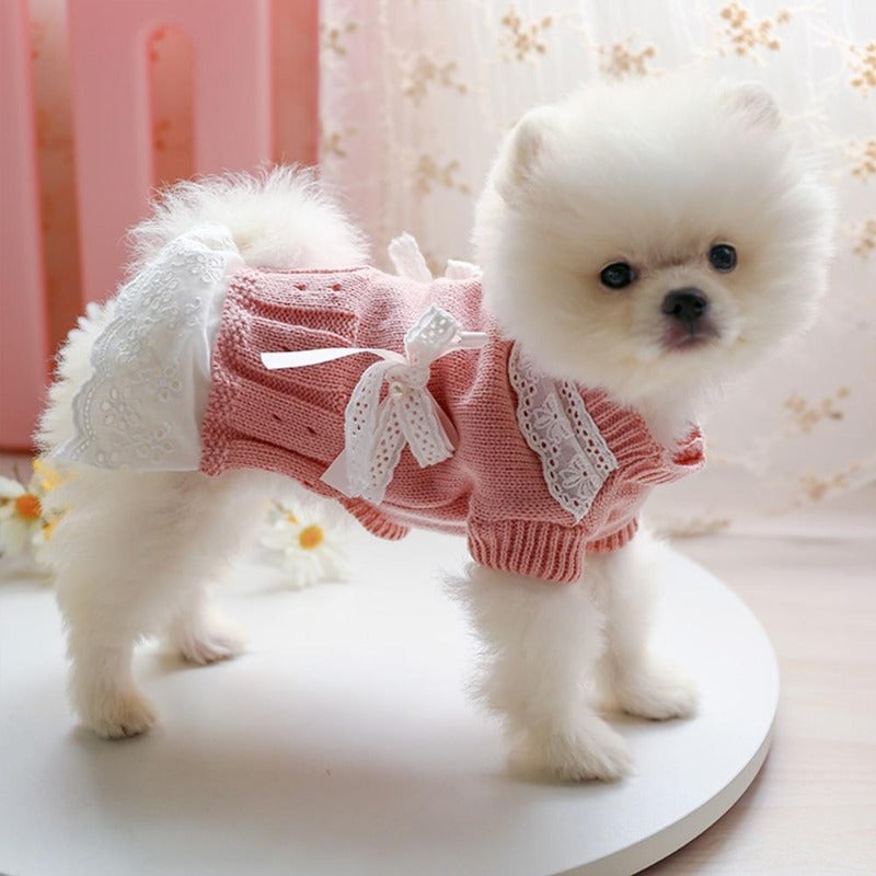 Your dog will look dainty in this Sweet Lace Sweater Dog Dress, for that extra elegant layer on cool days. 