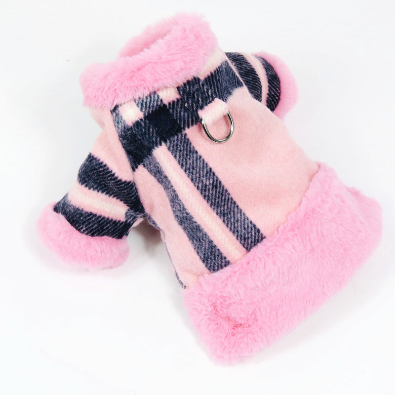 Made of wool for warmth, our Classy Pink Dog Harness Dress Coat will keep your dog stylish and toasty on cool autumn/winter days.
