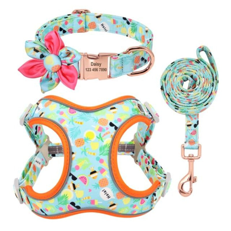 Your fur baby will be ready for some summer fun with this Summer Vacation 3-piece Harness matching set, which includes a Harness, Personalized Flower Dog Collar and Leash. 