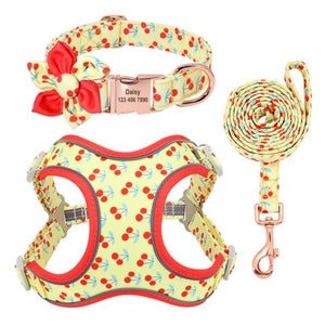Show off your pup’s personality with this bright Cherries 3-Piece Harness matching set, which includes a Harness, Personalized Flower Dog Collar and Leash.