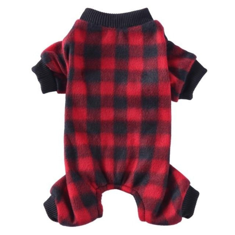 These warm red plaid dog pajamas will keep your pup cozy on cool winter nights. made of for those cool winter nights.