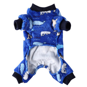 This whale-patterned dog onesie keeps your pup comfy and warm.