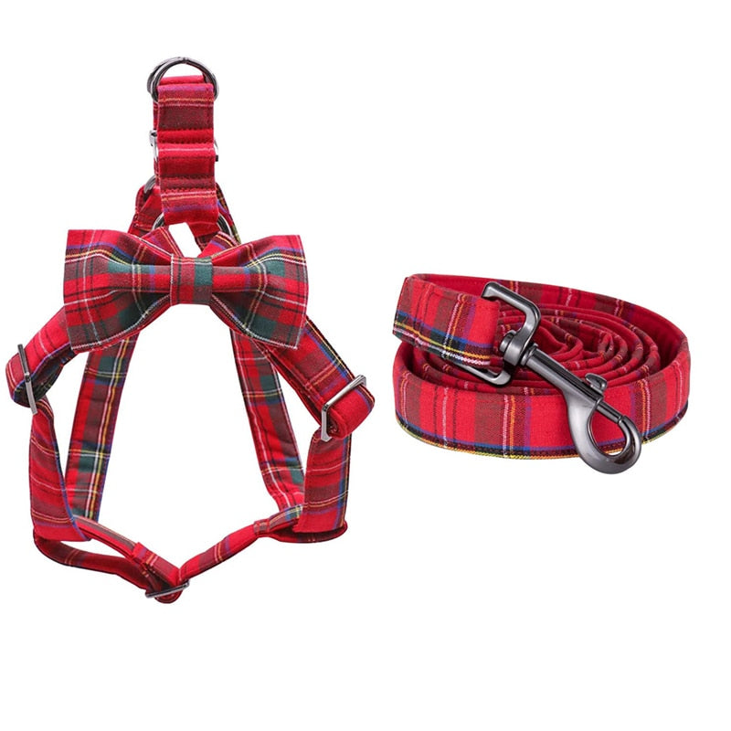 This Red Plaid 3-Piece Harness matching set includes a Dog Harness, Bow Tie Collar & Leash. 