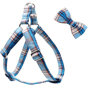 Blue Plaid Harness Set features a handsewn double bow tie that is detachable and hand washable.