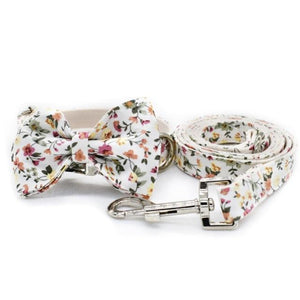 Our luxurious White Floral Bow Tie Dog Collar & Leash Set is a best seller.
