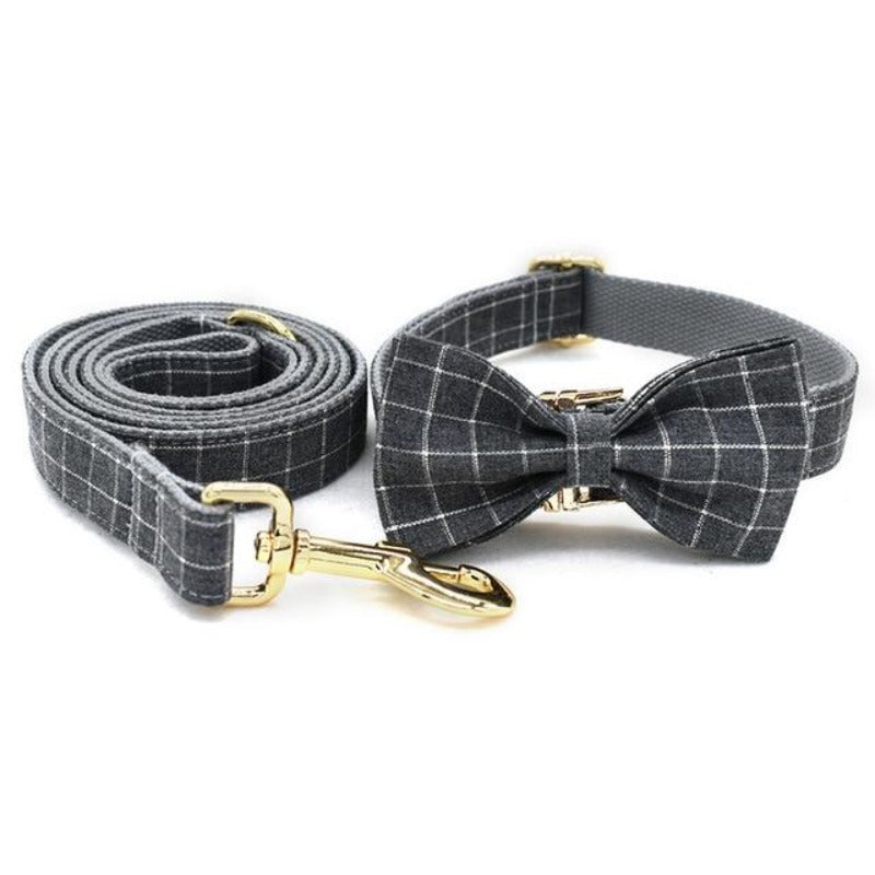 Classic Gray Check Bow Tie Collar & Leash | Personalized Free