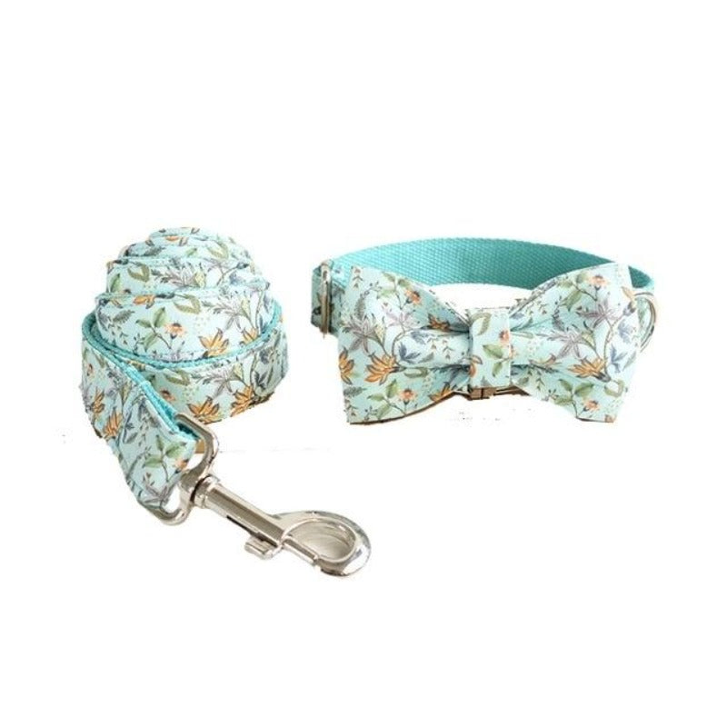 Floral Blue Bow Tie Collar & Leash Set | Personalized Free