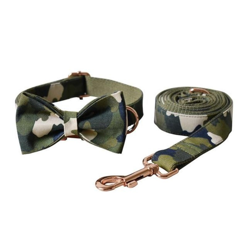 Our luxurious, handmade  Camouflage Bow Tie Dog Collar & Leash Sets are best sellers.