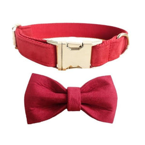 Vibrant Red dog collar-leash set comes with detachable bow and can be personalized free. 