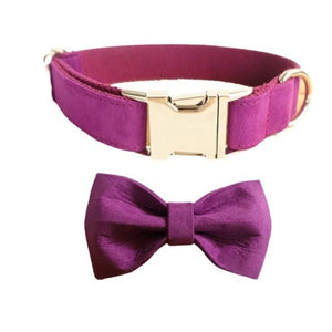Vibrant Purple dog collar-leash set comes with detachable bow and can be personalized free. 