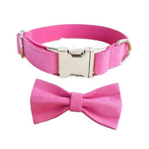 Vibrant Pink dog collar-leash set comes with detachable bow and can be personalized free. 