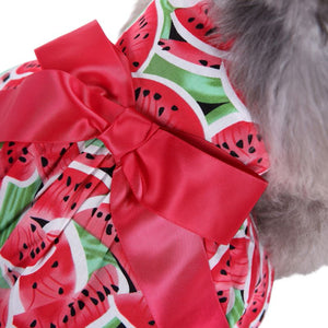 A red satin bow adorns this summertime Watermelon Dog Party Dress.