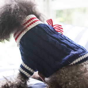 Red, White & Blue Cable Knit Dog Sweater suits small dogs.