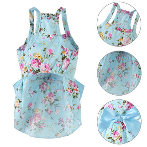 Cottage Rose Cotton Dog Dress features floral pattern, double stitching and a satin bow.