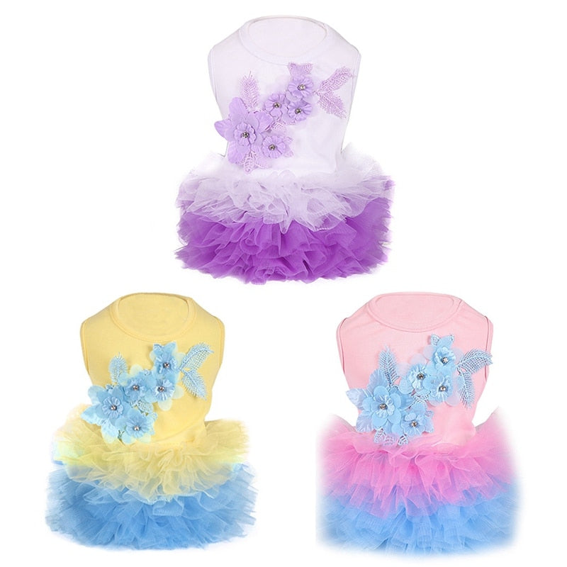 Your gal will look adorable in this Floral Bubble Tutu Dog Party Dress, available in white, yellow and pink.