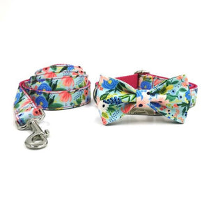 Pink Summer Floral Garden Bow Tie Dog Collar & Leash Set